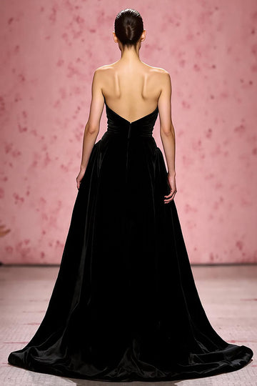 Strapless Black A-Line Evening Dress With Slit